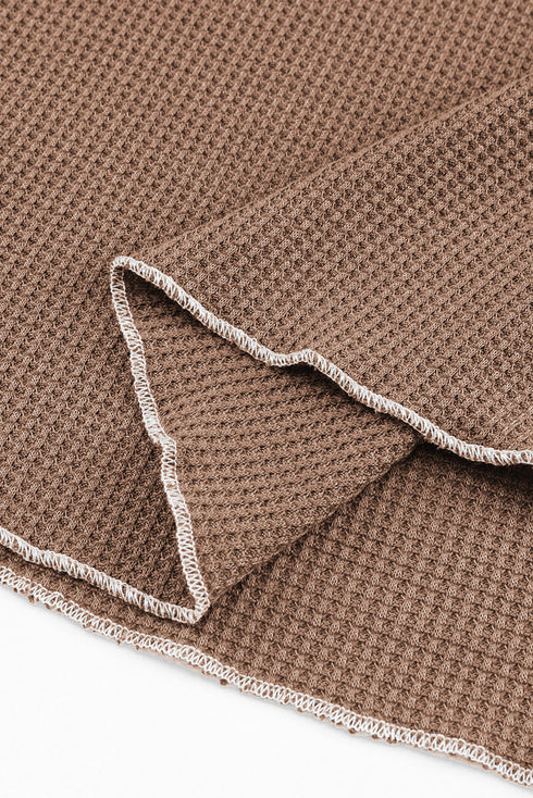 Contrast Stitch Waffle Knit Lettuce Edge Long Sleeve Top