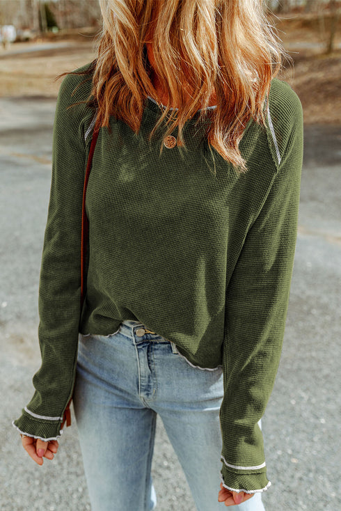 Contrast Stitch Waffle Knit Lettuce Edge Long Sleeve Top
