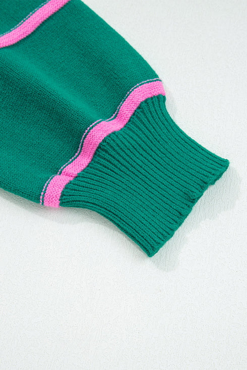 Contrast Stripe Henley Drop Shoulder Ribbed Trim Sweater