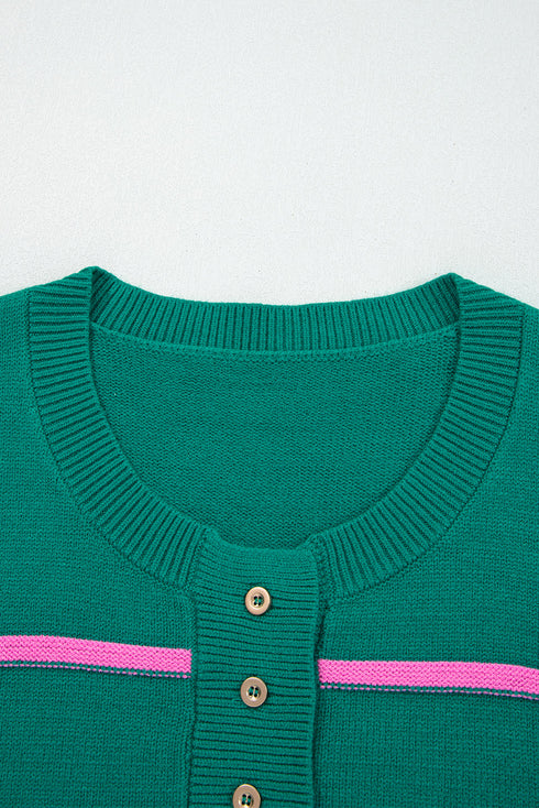 Contrast Stripe Henley Drop Shoulder Ribbed Trim Sweater