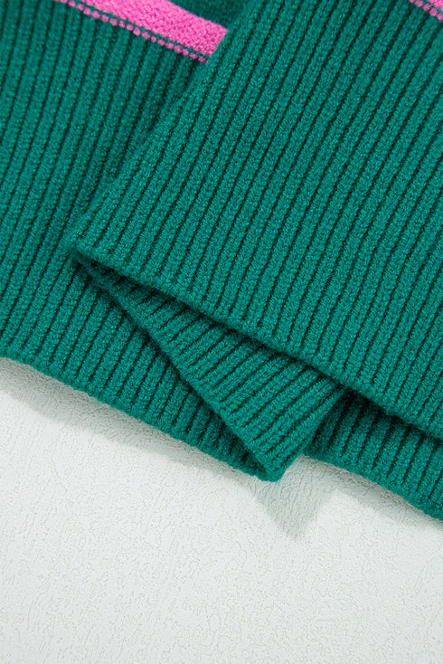Contrast Stripe Henley Drop Shoulder Ribbed Trim Sweater