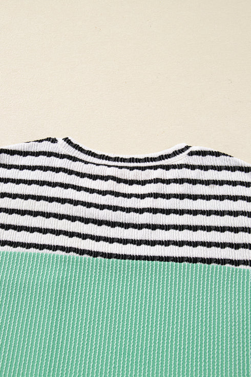 Contrast Stripe Patch Pocket Twisted Rib Drop Shoulder Top