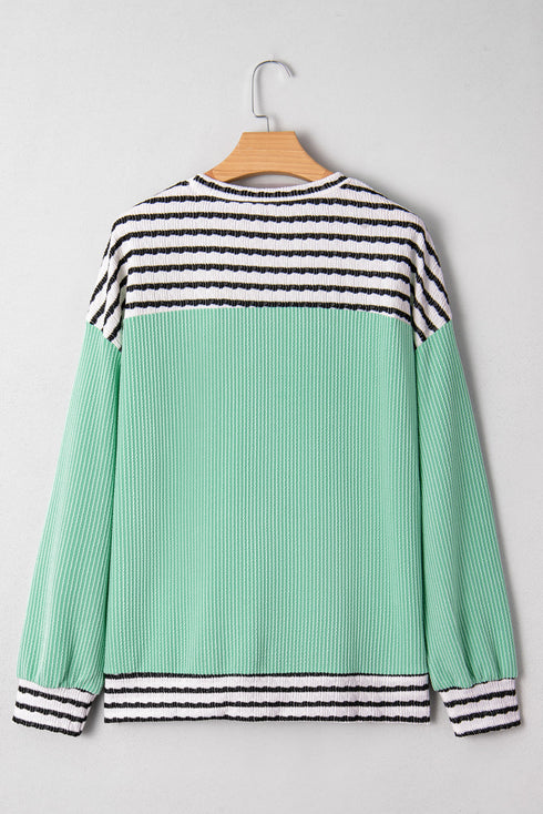 Contrast Stripe Patch Pocket Twisted Rib Drop Shoulder Top