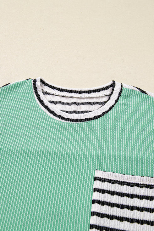 Contrast Stripe Patch Pocket Twisted Rib Drop Shoulder Top