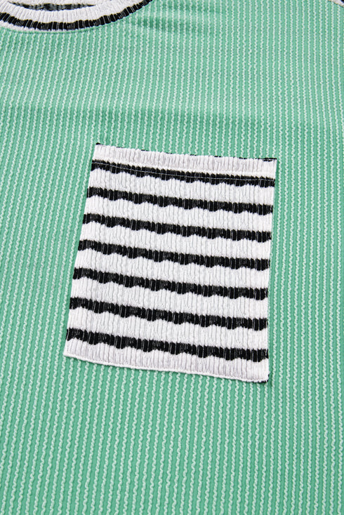 Contrast Stripe Patch Pocket Twisted Rib Drop Shoulder Top