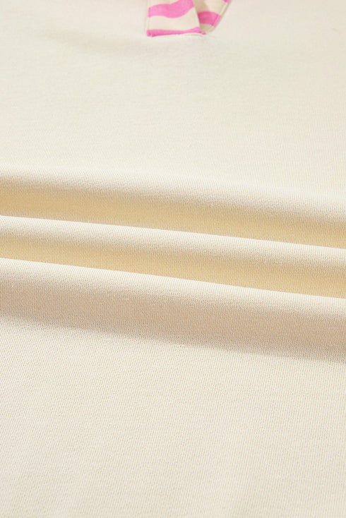 Contrast Stripe Polo Collar Notched V Drop Shoulder Exposed Seam Lettuce Hem Sweatshirt