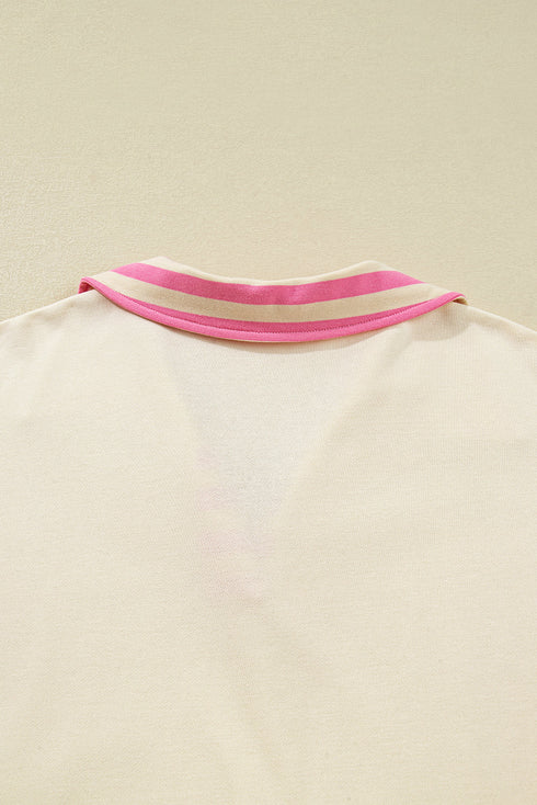 Contrast Stripe Polo Collar Notched V Drop Shoulder Exposed Seam Lettuce Hem Sweatshirt