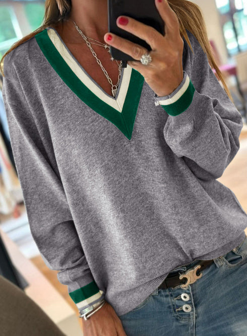 Contrast Stripe V Neck Varsity Trim Sweater