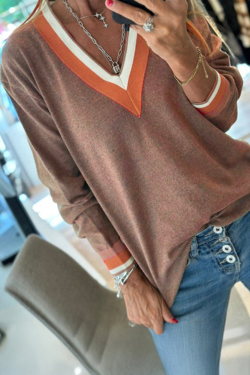 Contrast Stripe V Neck Varsity Trim Sweater