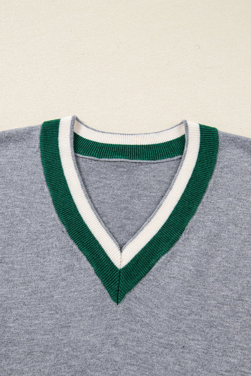 Contrast Stripe V Neck Varsity Trim Sweater