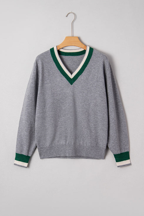 Contrast Stripe V Neck Varsity Trim Sweater