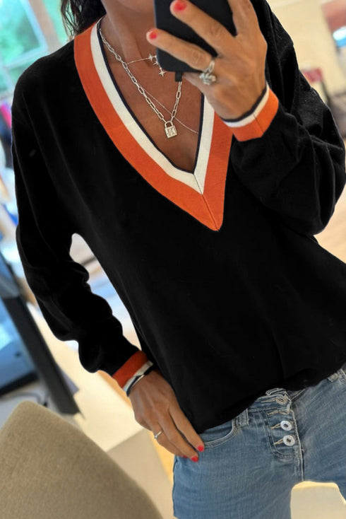 Contrast Stripe V Neck Varsity Trim Sweater