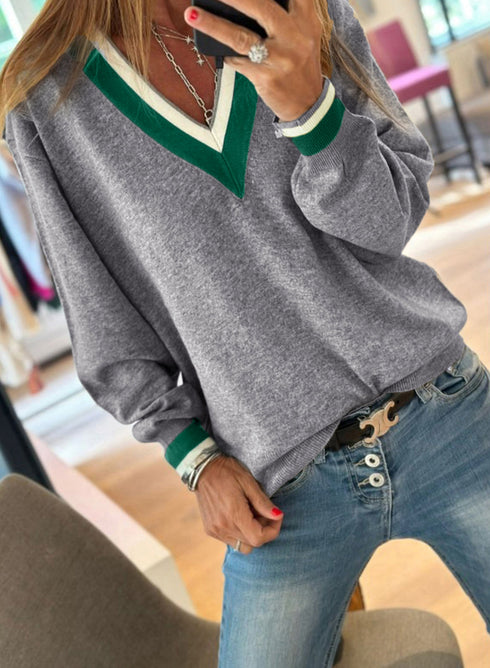 Contrast Stripe V Neck Varsity Trim Sweater