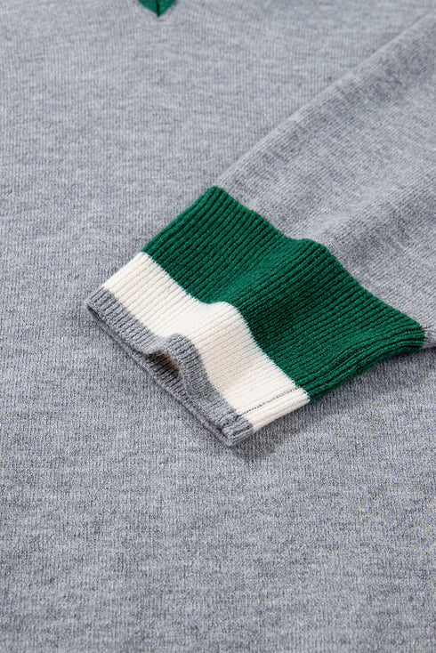 Contrast Stripe V Neck Varsity Trim Sweater