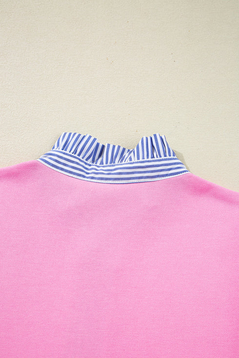 Contrast Striped Collar Patchwork Puff Sleeve Ruffle Hem Mini Dress