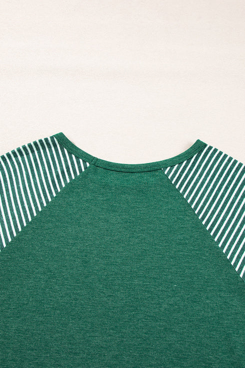 Contrast Striped Raglan Lace Trim Drop Shoulder Top