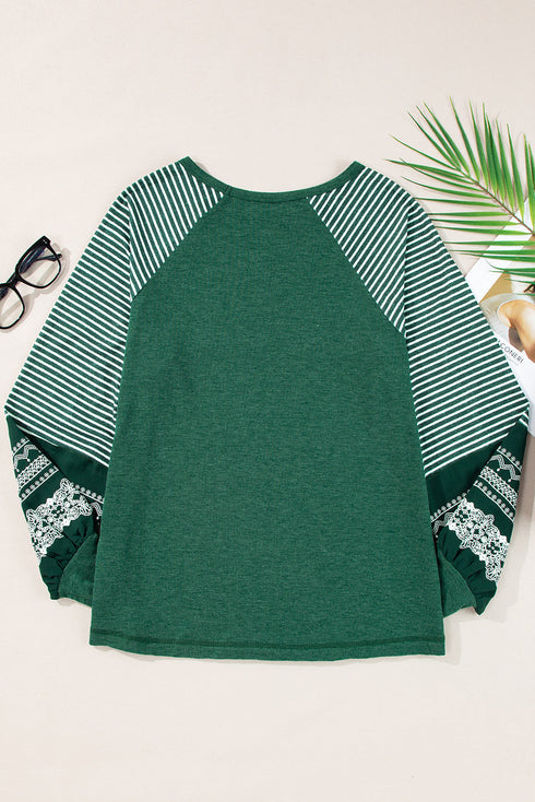 Contrast Striped Raglan Lace Trim Drop Shoulder Top