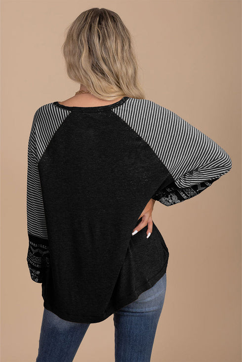 Contrast Striped Raglan Lace Trim Drop Shoulder Top
