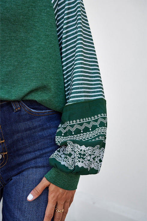 Contrast Striped Raglan Lace Trim Drop Shoulder Top