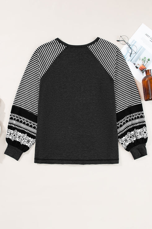 Contrast Striped Raglan Lace Trim Drop Shoulder Top