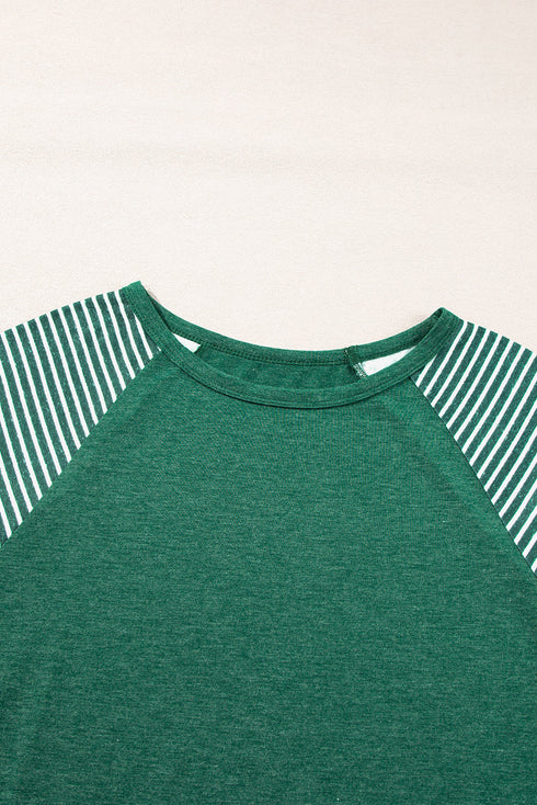 Contrast Striped Raglan Lace Trim Drop Shoulder Top