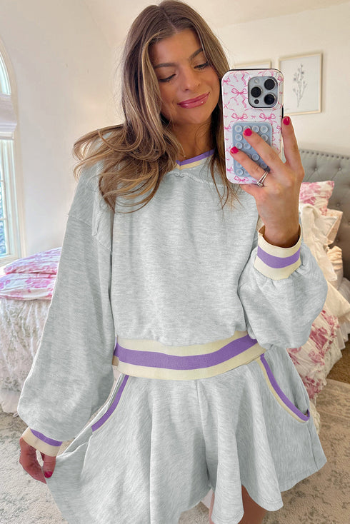 Contrast Striped Trim Cropped Pullover Athletic Short Set