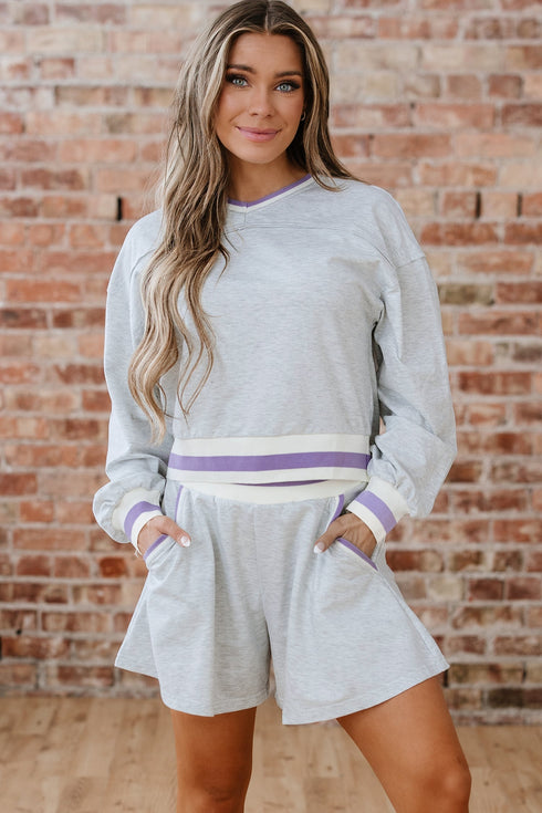 Contrast Striped Trim Cropped Pullover Athletic Short Set