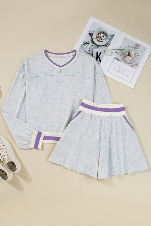 Contrast Striped Trim Cropped Pullover Athletic Short Set