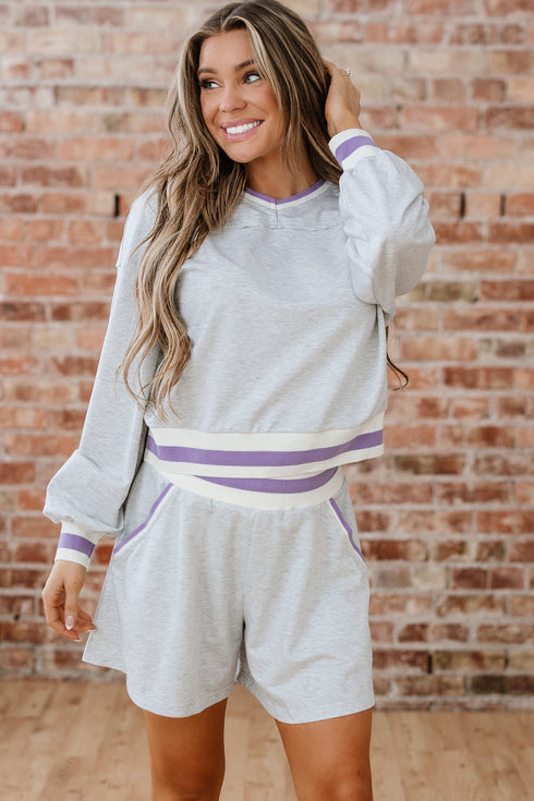 Contrast Striped Trim Cropped Pullover Athletic Short Set