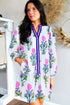 Contrast Striped Trim Notched Neck Long Sleeve Floral Dress