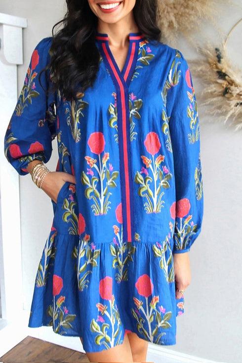 Contrast Striped Trim Notched Neck Long Sleeve Floral Dress
