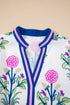 Contrast Striped Trim Notched Neck Long Sleeve Floral Dress