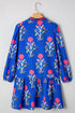 Contrast Striped Trim Notched Neck Long Sleeve Floral Dress
