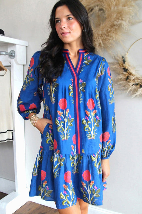 Contrast Striped Trim Notched Neck Long Sleeve Floral Dress