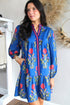 Contrast Striped Trim Notched Neck Long Sleeve Floral Dress