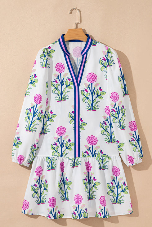 Contrast Striped Trim Notched Neck Long Sleeve Floral Dress