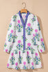 Contrast Striped Trim Notched Neck Long Sleeve Floral Dress
