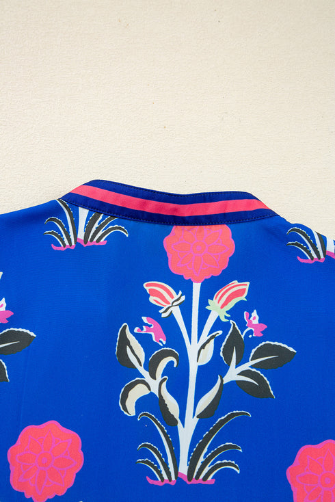 Contrast Striped Trim Notched Neck Long Sleeve Floral Dress