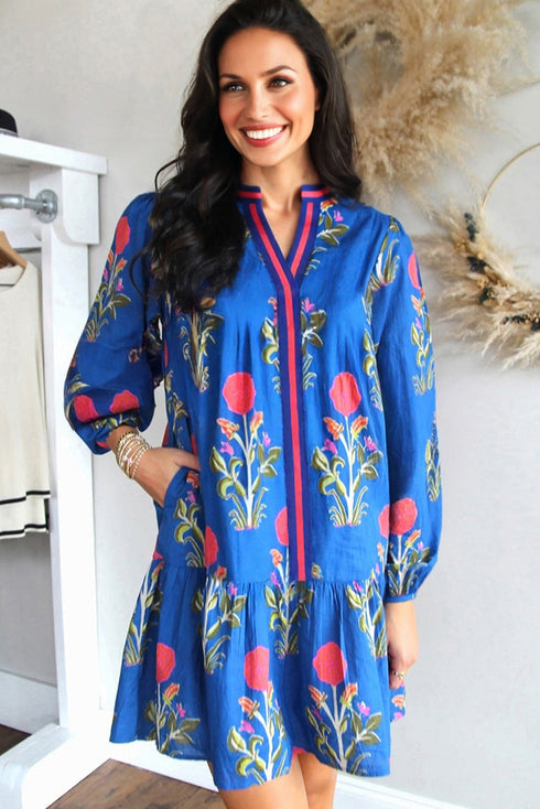 Contrast Striped Trim Notched Neck Long Sleeve Floral Dress