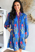 Contrast Striped Trim Notched Neck Long Sleeve Floral Dress