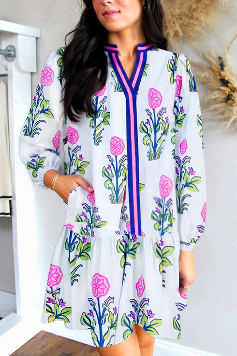 Contrast Striped Trim Notched Neck Long Sleeve Floral Dress