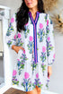 Contrast Striped Trim Notched Neck Long Sleeve Floral Dress