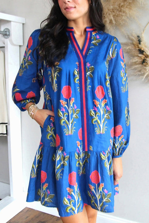 Contrast Striped Trim Notched Neck Long Sleeve Floral Dress