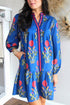 Contrast Striped Trim Notched Neck Long Sleeve Floral Dress