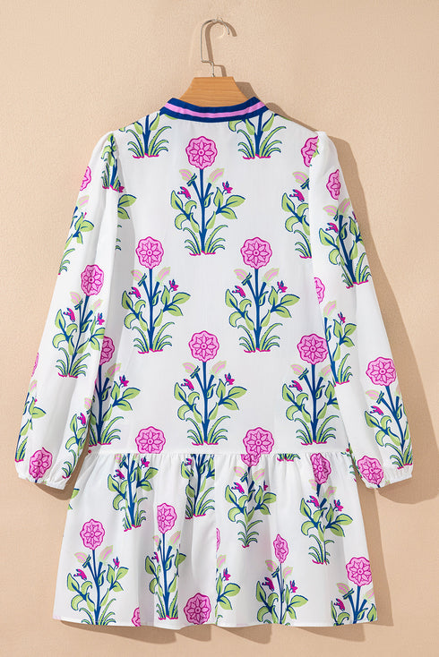 Contrast Striped Trim Notched Neck Long Sleeve Floral Dress
