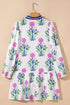 Contrast Striped Trim Notched Neck Long Sleeve Floral Dress