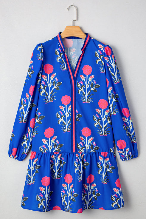 Contrast Striped Trim Notched Neck Long Sleeve Floral Dress