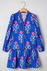 Contrast Striped Trim Notched Neck Long Sleeve Floral Dress