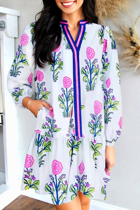 Contrast Striped Trim Notched Neck Long Sleeve Floral Dress