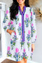 Contrast Striped Trim Notched Neck Long Sleeve Floral Dress